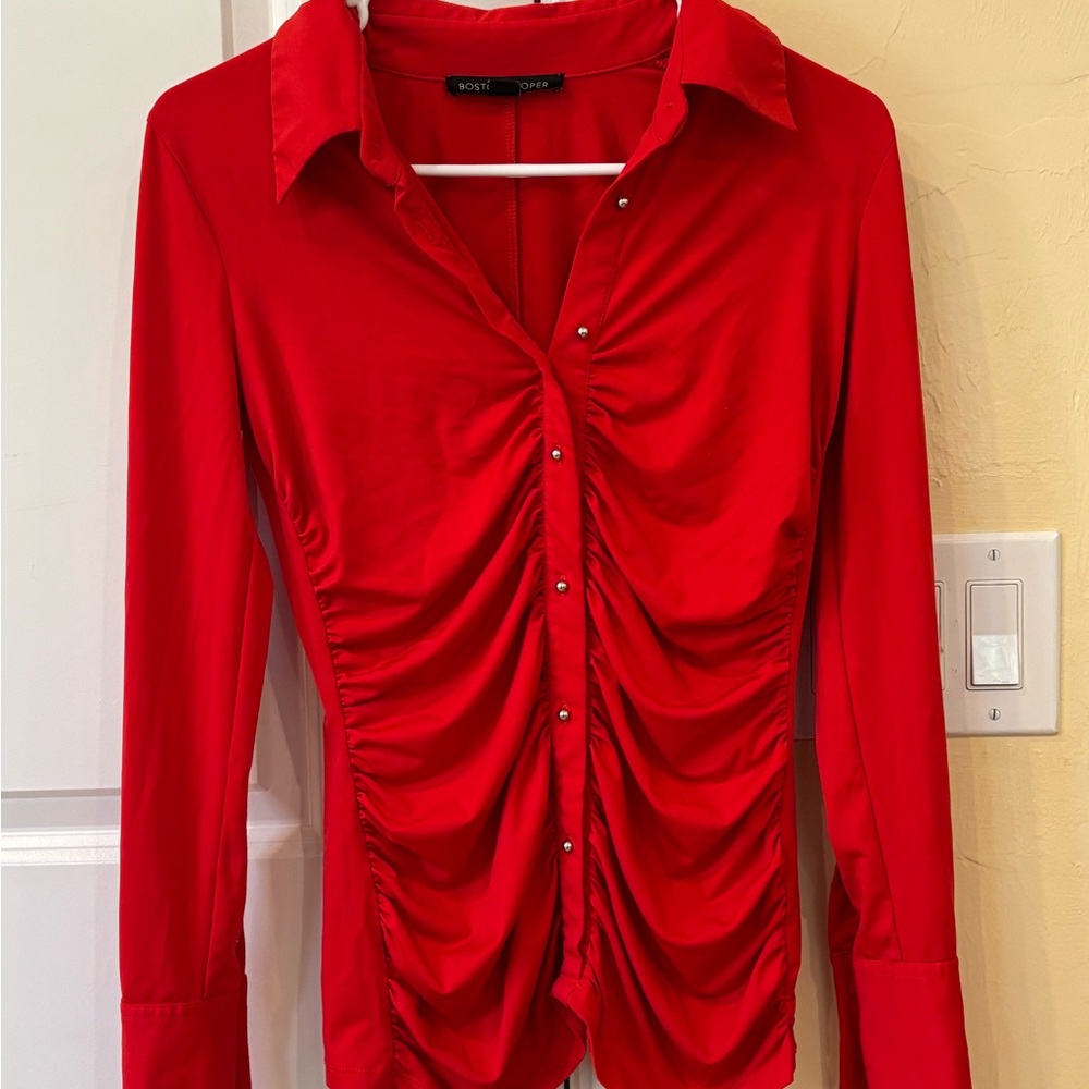 Boston Proper Vibrant Red Ruched Button-Down Shirt